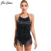 ผู้หญิง dancewear แขนกุด backless LACE-up Halter พู่บอดี้สูทละติน samba Rumba Cha-Cha Tango Dance Performance leotar ที่อยู่