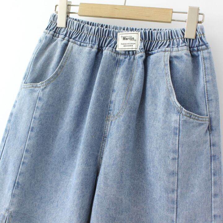 มีไซส์ใหญ่-plus-size-womens-wide-leg-denim-summer-shorts-elastic-waist-solid-color-casual-female-shorts-with-pockets