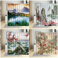 Chinese Landscape Shower Curtain Natural Scenery Plants Flowers Bathroom Decor Colorful Ink Painting Curtains Country View Hooks