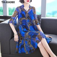 Large size chiffon dress for women 2023 spring and summer new womens loose thin printed imitation silk medium-length