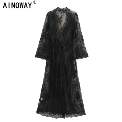 Vintage chic women bat sleeve loose beach floor length Bohemian kimono dress Ladies V neck sashes lace Summer Boho robe