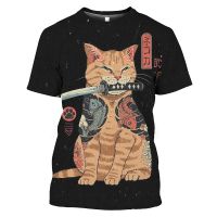 Japan Samurai Cat Graphic T Shirts Cool Classic Art Style Mens and Womens Printing Tees Fashion O-neck Short Sleeve Loose Tops