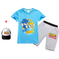 Sonic The Hedgehog เสื้อยืดกางเกงขาสั้นชุดเด็กชายหญิงแขนสั้นบุคลิกภาพผ้าฝ้าย Tee เสื้อกางเกงขาสั้นการ์ตูนพิมพ์ Hip-Hop สไตล์ RT1664A หมวก