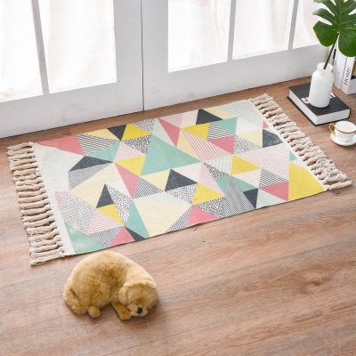 Bohemian Hand Woven Cotton Linen Carpet Rug Bedside Rug Woven Small Rug Anti-slip Mat Home Deco Sofa Decoration JS297C