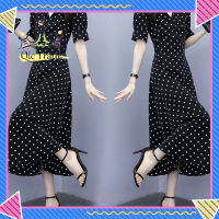 【จัดส่งที่รวดเร็ว✨】Summer Slim V-neck A-line Dress Simple Dot Flare Sleeves Middle Long Causal Dress