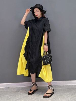XITAO Dress  Women Personality Loose Contrast Color Shirt Dress
