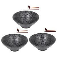 3X Ceramic Japanese Ramen Soup Bowl with Matching Spoon and Chopsticks, Suitable for Udon, Soba, Large Size