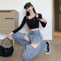 Jeans Womens Straight Loose High Waist Slim Pants Thin Design Detachable Shorts