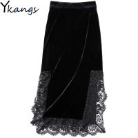 Goth Vintage Black Long Skirt Aesthetic Elegant Lace Patchwork Velvet Skirt Gothic y Side Split Hight Wait Slit Party Skirt