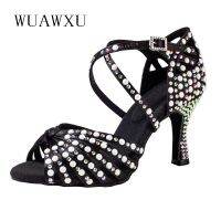 hot【DT】 NATASHA Latin dance shoes black inlaid female high eye satin professional