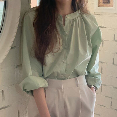 เสื้อผู้หญิงคอกลมเสื้อเชิ้ตเรียบง่ายมีกระดุมสไตล์เกาหลี,เสื้อเบลาส์ทรงหลวมลำลองมีแขนยาว