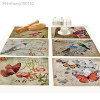 Cartoon Butterfly Birds Print Linen Fabric Placemat for Dining Table Manteles Flower Design Kitchen Decoration Accessories