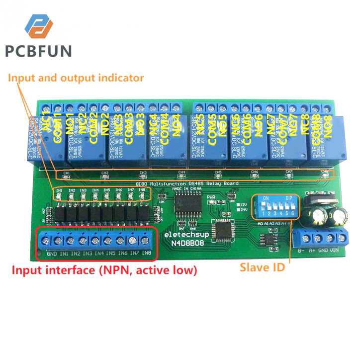 pcbfun-dc-12v-24v-8อินพุตแบบแยกและ8เอาต์พุต-din35กล่องรถไฟ-c45โมดูลรีเลย์-rs485-modbus-แผงไฟฟ้าควบคุม-rtu