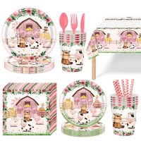 Pink Farm Theme Party Disposable Tableware Set Paper Plates Cups Napkins Happy Birthday Party Decor Kids Boy Girl Baby Shower