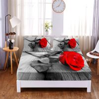 Beautiful Red Roses 3pc Polyester Solid Fitted Sheet Mattress Cover Four Corners With Elastic Band Bed Sheet(2 pillowcases)