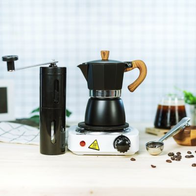 (สีดำ)กาต้มมอคค่าพอท Moka Pot ลายไม้ + เตามินิไฟฟ้าสีขาว 500w + เครื่องบดมือหมุน + 2-1 ช้อนหนีบ