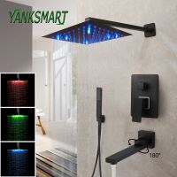 【LZ】▼❧✔  Yanksmart led luz fosco preto banheiro torneira do chuveiro conjunto 8 16 16 Polegada praça chuvas chuveiro 3 maneiras misturador de água combinação kit