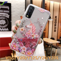 JieFie สำหรับ VIVO Y20i Y12S Y20 Y20S น่ารัก Unicorn เคสโทรศัพท์ Quicksand แฟลชกรณีซิลิโคนเหลวโปร่งใสโทรศัพท์กลับปก