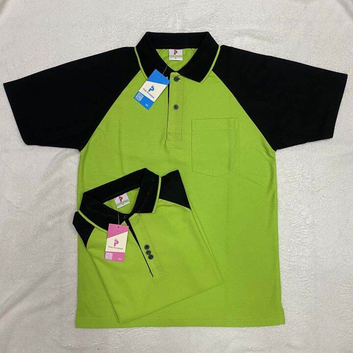 เสื้อโปโลคอปก-polo-shirt-แบบชาย-ทรงตรง-ส่วนแบบหญิง-เข้ารูป-สีเขียวตองแขนดำ-เนื้อผ้านุ่ม-สวมใส่สบาย-มีบริการส่งเก็บเงินปลายทาง