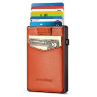 Slim Aluminum Wallet With Genuine leather Back Pouch ID Credit Card Holder Mini RFID Wallets Automatic Pop up Bank Card Case Card Holders