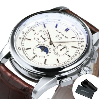 ⌚ForXining นาฬิกากลไกอัตโนมัติสำหรับผู้ชาย,นาฬิกาแบบสบายอเนกประสงค์กลไกพระจันทร์คลาสสิกเข็มขัดหนังหรูนาฬิกาผู้ชาย Relogio