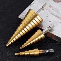 Step Drill Bit Set for Wood Titanium Coated Hard Metal Punch Hole Cutter Woodworking Tools Stepped Drills 32mm Hex Cone Bits Kit Drills  Drivers