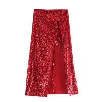 Sequin Women Skirt Split Red Mid Length Ladies Velvet Zipper Spring Skirts A Line Casual Solid Elegant Female Skirt 2022