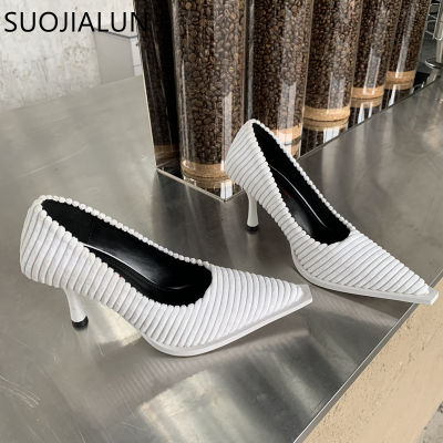 SUOJIALUN 2022 Spring Women Pumps Fashion Flock Design Pointed Toe Shallow Slip On Ladies Party Pumps Shoes Office Work Pumps