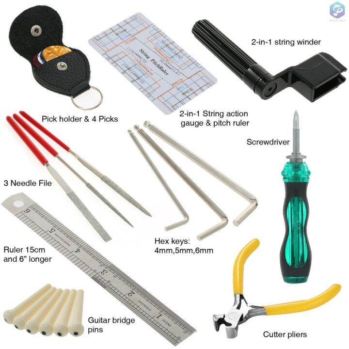 j-amp-f-ammoon-guitar-repairing-maintenance-cleaning-tool-kit-includes-string-action-ruler-amp-gauge-measuring-tool-amp-hex-wrench-set-amp-files-amp-string-winder-amp-string-cutter-amp-bridge-pins-amp