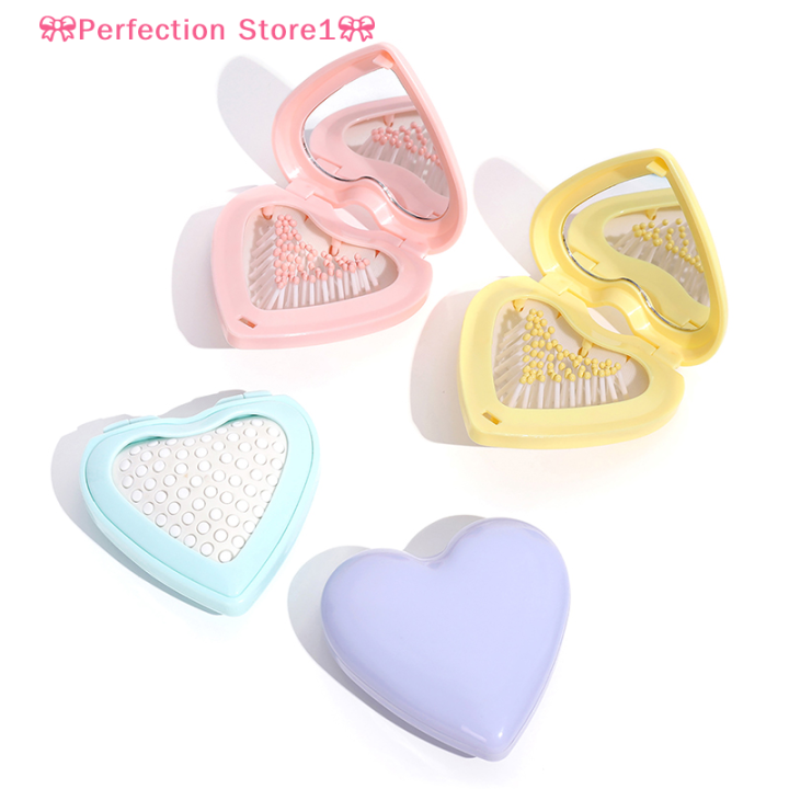 perfection-store1-แปรงหวีผมแบบพกพาสำหรับผู้หญิงหวีกระจกพับเก็บได้กระเป๋าใส่หัวใจขนาดเล็กพกพาได้สำหรับเดินทางพร้อมกระจกอุปกรณ์ตกแต่ง