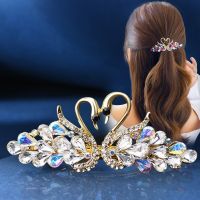 Korean INS Colorful Rhinestone Crystal Hairpin / Women Double Swan Spring Hair clip / Fashion Elegant Hair Accessories / Alloy Ponytail Holder Barrettes Headwear