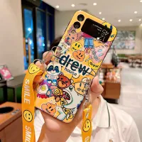 เคสสำหรับ Galaxy โทรศัพท์ Z Flip 4 3 5G ซิลิโคนนิ่มลายการ์ตูนใบหน้ายิ้มสีฟ้าแสง Flip4 5G สายคล้องแบบคาดตัวปรับคลุมทั้งหมดได้