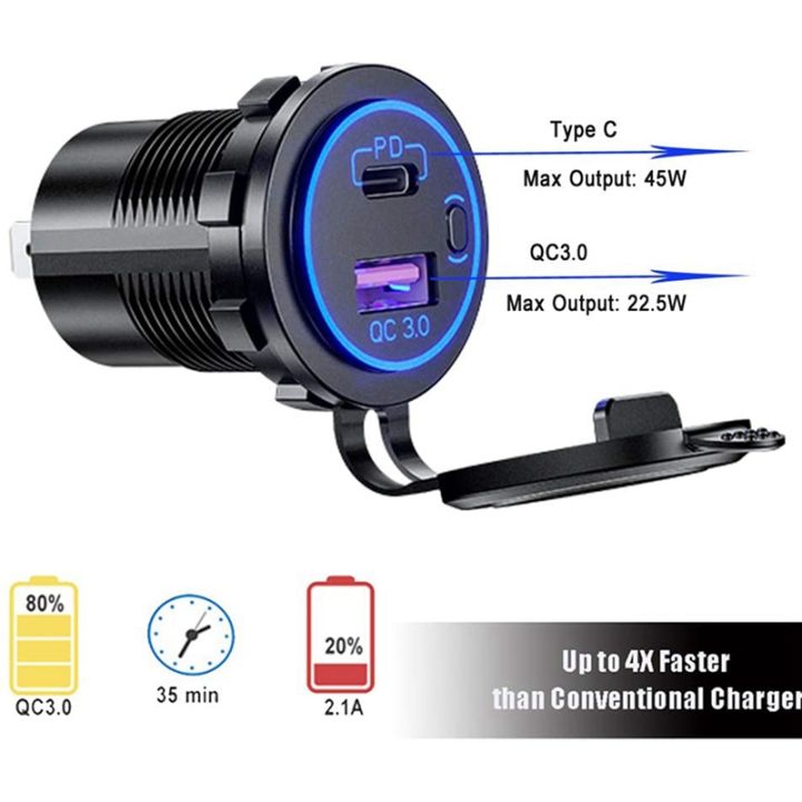 8x-pd-type-c-usb-car-charger-and-qc-3-0-quick-charger-12v-power-outlet-socket-with-on-off-switch-blue