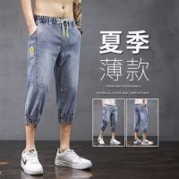 กางเกงลำลองใส่ Celana Pendek Denim แบบบางสำหรับผู้ชายทรงหลวมและอเนกประสงค์