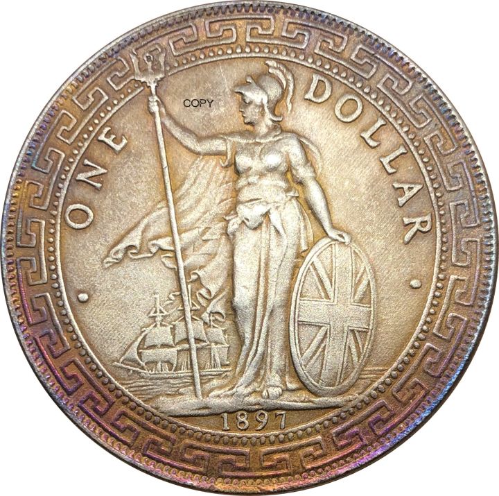เพรียวบางราชอาณาจักร1ดอลลาร์อังกฤษค้า1897หนึ่งดอลลาร์คิวโปรนิกเกิลชุบเงินฮ่องกงหยวนสำเนาเหรียญ