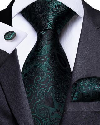 Men Tie Green Black Floral Necktie For Men Designer Tie Set Hanky Cufflinks Fashion Tie DiBanGu Business Wedding Party MJ-7177