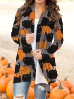 xixibeauty Halloween Pumpkin Pattern Cardigan, Casual Open Front Long Sleeve Cardigan For Spring &amp; Fall, Womens Clothing