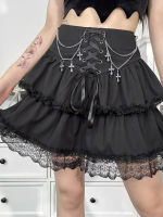 Grunge Fairy High Street Punk Silver Chain Cross Skirt Gothic Harajuku Elegant Party Lace Up Bandage Summer Short Skirt