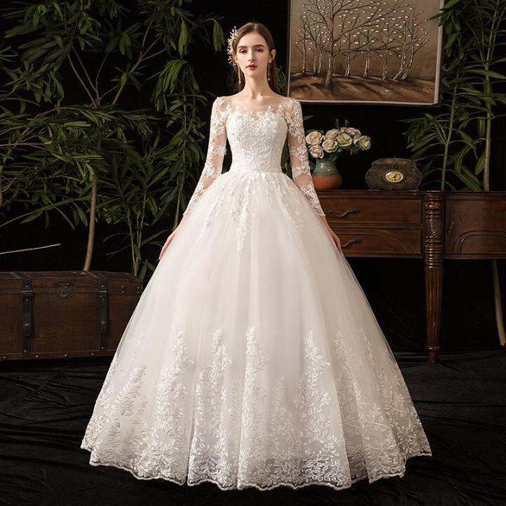 Elegant O Neck Full Sleeve Wedding Dress Illusion Lace Embroidery Simple  Bride Gown | Lazada Ph