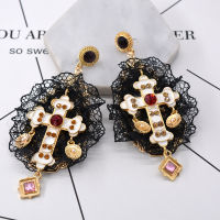 New European And American Baroque Exaggerated Cross Large Earrings Long Nightclub Lace Black Ear Jewelry Women