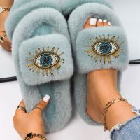 Women Sandals Fuzzy Slides Fashion Eye Decor Fluffy Slippers Luxury nd High Quality Female Outdoor Casual Shoes Furry Slipper