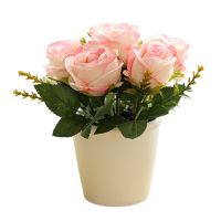 ✠ Artificial Rose Pink Silk Flower Multihead Artificial Flower Bonsai Small Fake Plants Tree Pot Garden Indoor Home Wedding Decor