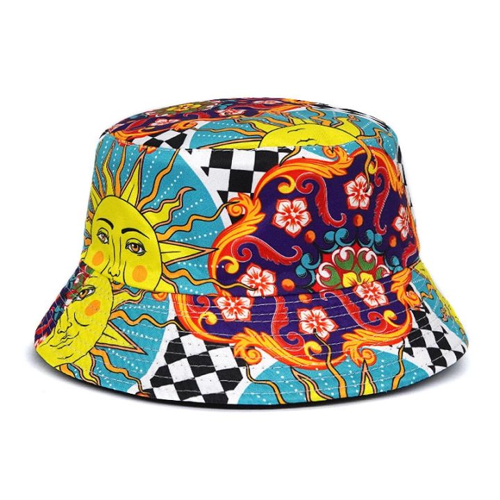 หมวกชุดตกแต่งธีมชาวประมงมีสองด้านพิมพ์ลายฮิปฮอปหมวกปานามาสำหรับผู้ชายผู้หญิง-topi-bucket-ป้องกันแสงแดดในฤดูร้อน