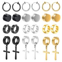 1/12 Pairs Magnetic Ear Clip Set Men and Women Stainless Steel Ring Cross Non-Perforated Fake Gauge Huggie Hoop Earrings Set Adhesives Tape