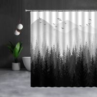 Mountain Forest Tree Shower Curtain Misty Foggy Grey Cool Nature Scenery Landscape Decor Fabric Bathroom Curtain with Hooks