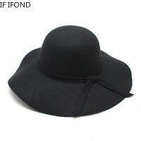 ยุโรปอังกฤษฤดูหนาวของผู้หญิงรู้สึก Fedora หมวกสีดำเลดี้ปีกกว้าง C Loche ฟลอปปี้หมวกเด็กเด็กสาวแจ๊สหมวก52-54-56-58CM