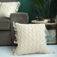 Macrame Throw Pillow Case with Fringe Tassels Farmhouse Bohemian Handmade Crochet Diamond Woven Decorative Cushion Cover for