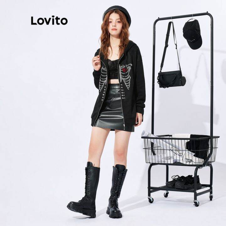 lovito-เสื้อสเวตเตอร์ลำลอง-สีพื้น-ลายโครงกระดูก-ประดับพลอยเทียม-สไตล์อเมริกัน-เรโทร-สำหรับทุกเพศ-l32fw037-สีดำ