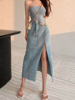 DEEPTOWN ยาวกระโปรงยีนส์วินเทจผู้หญิงแข็งเอวสูง A-Line บางสไตล์เกาหลี Jean Slit Midi กระโปรงฤดูร้อนแฟชั่นสาว