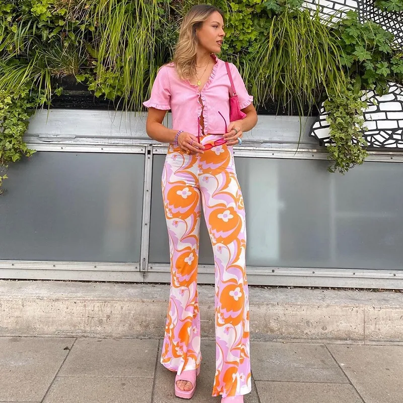 Youyou clothing] Women 39;S Spring Style Fashion Contrast Color High Waist  Hip Raise Flare Pants Full Floral Print High Waist Ankle Jeans For Girls